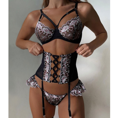 Women'S Three-Piece Love Embroidered Underwear