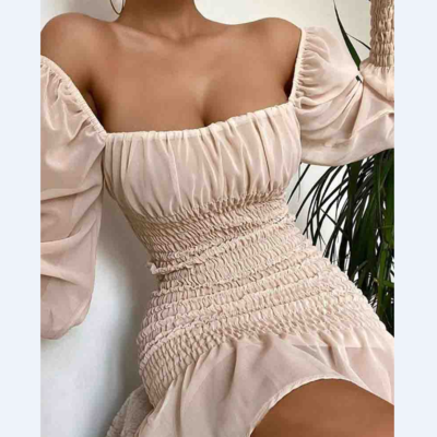 Pure color sexy long sleeve chiffon mini dress