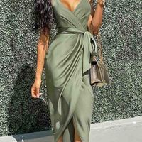 Sling Solid Color V-Neck Crossover Sleeveless Dress - Thumbnail 2