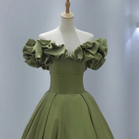 Green satin long A line prom dress evening dress - Thumbnail 2