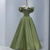 Green satin long A line prom dress evening dress - Thumbnail 5