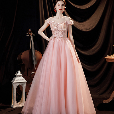 Pink tulle applique long a line prom dress evening dress - Thumbnail 2