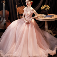 Pink tulle applique long A line prom dress evening dress - Thumbnail 1