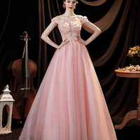 Pink tulle applique long A line prom dress evening dress - Thumbnail 2