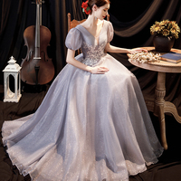 Gray tulle sequins long A line prom dress evening dress - Thumbnail 3