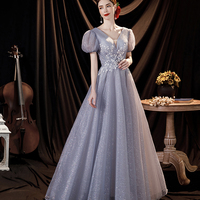 Gray tulle sequins long A line prom dress evening dress - Thumbnail 4