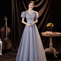 Gray tulle sequins long A line prom dress evening dress - Thumbnail 6