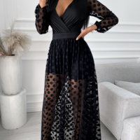 Black Long-Sleeved V-Neck Dress - Thumbnail 1