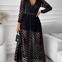 Black Long-Sleeved V-Neck Dress - Thumbnail 3