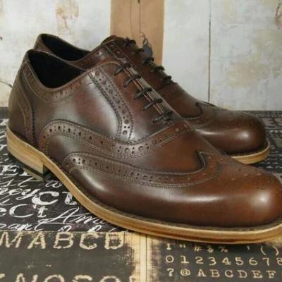 Luxury handmade brown wingtip brogue lace up shoes - Thumbnail 3