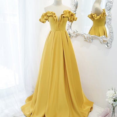 Yellow satin long a line prom dress evening dress - Thumbnail 4