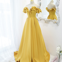 Yellow satin long A line prom dress evening dress - Thumbnail 1