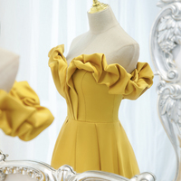 Yellow satin long A line prom dress evening dress - Thumbnail 2