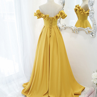 Yellow satin long A line prom dress evening dress - Thumbnail 3