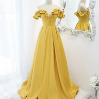 Yellow satin long A line prom dress evening dress - Thumbnail 4