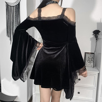 Black Lace Bell Sleeve Velvet Dress - Thumbnail 3
