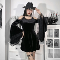 Black Lace Bell Sleeve Velvet Dress - Thumbnail 5