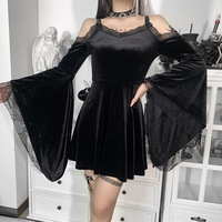 Black Lace Bell Sleeve Velvet Dress - Thumbnail 2