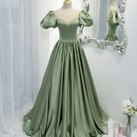 Green satin long A line prom dress green evening dress - Thumbnail 1