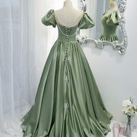 Green satin long A line prom dress green evening dress - Thumbnail 3