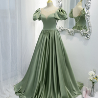 Green satin long A line prom dress green evening dress - Thumbnail 4