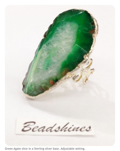 Green Agate Slice Sterling Silver Ring