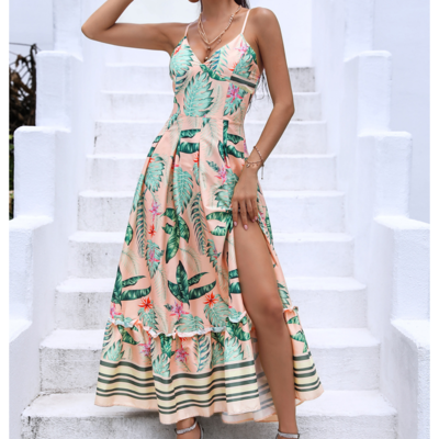 V-Neck Print Split Fork Sleeveless Dress