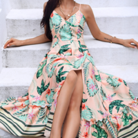 V-Neck Print Split Fork Sleeveless Dress - Thumbnail 1