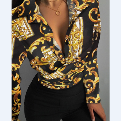 Loose Long-Sleeved V-Neck Printed Shirt