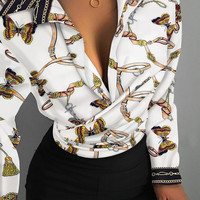 Loose Long-Sleeved V-Neck Printed Shirt - Thumbnail 2