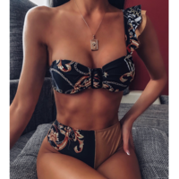 Flounced One-Shoulder Sexy Printed Bikini Swimsuit - Thumbnail 1
