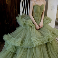 Green Tulle Long A Line Prom Dress Green Evening Dress - Thumbnail 1