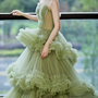 Green Tulle Long A Line Prom Dress Green Evening Dress-3