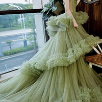 Green Tulle Long A Line Prom Dress Green Evening Dress - Thumbnail 4