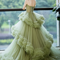 Green Tulle Long A Line Prom Dress Green Evening Dress - Thumbnail 5