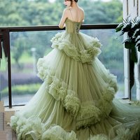 Green Tulle Long A Line Prom Dress Green Evening Dress - Thumbnail 7