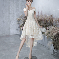 Champagne tulle high low prom dress evening dress - Thumbnail 1