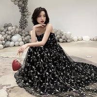 Black tulle long A line prom dress black evening dress - Thumbnail 3