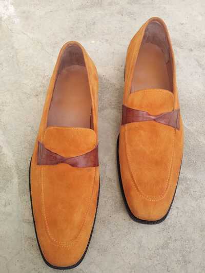 New Handmade Orange Suede Moccasin Loafer Shoes