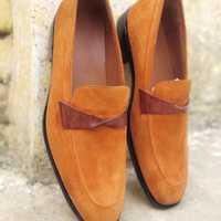 New Handmade Orange Suede Moccasin Loafer Shoes - Thumbnail 1