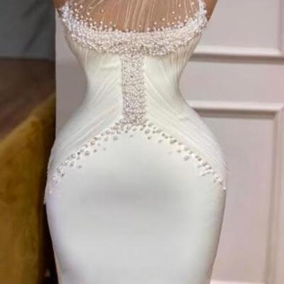 One shoulder white prom dresses with pearls - Thumbnail 4