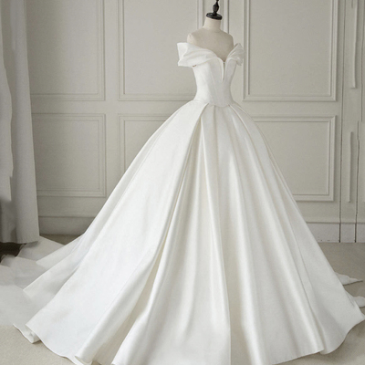 White satin long ball gown dress wedding dress - Thumbnail 4