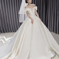 White satin long ball gown dress wedding dress - Thumbnail 2