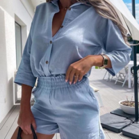 Solid Color Casual Temperament Long Sleeve Shorts Two-Piece Set - Thumbnail 2