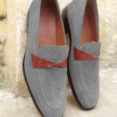 Elegant handmade grey suede moccasin loafer shoes