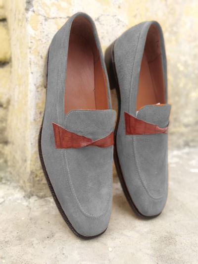 Elegant Handmade Grey Suede Moccasin Loafer Shoes