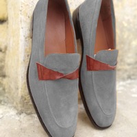 Elegant Handmade Grey Suede Moccasin Loafer Shoes - Thumbnail 1