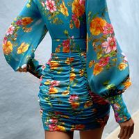 Women'S Printed V-Neck Long-Sleeved Hip Dress - Thumbnail 2