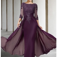Elegant Sheath 3/4 Sleeves Long Mother of the Bride Dresses with Appliques - Thumbnail 2