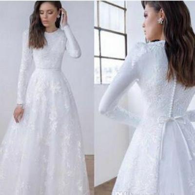 Long sleeves lace a-line modest wedding dresses jewel neck sweep train simple vintage lace bridal gowns custom made 